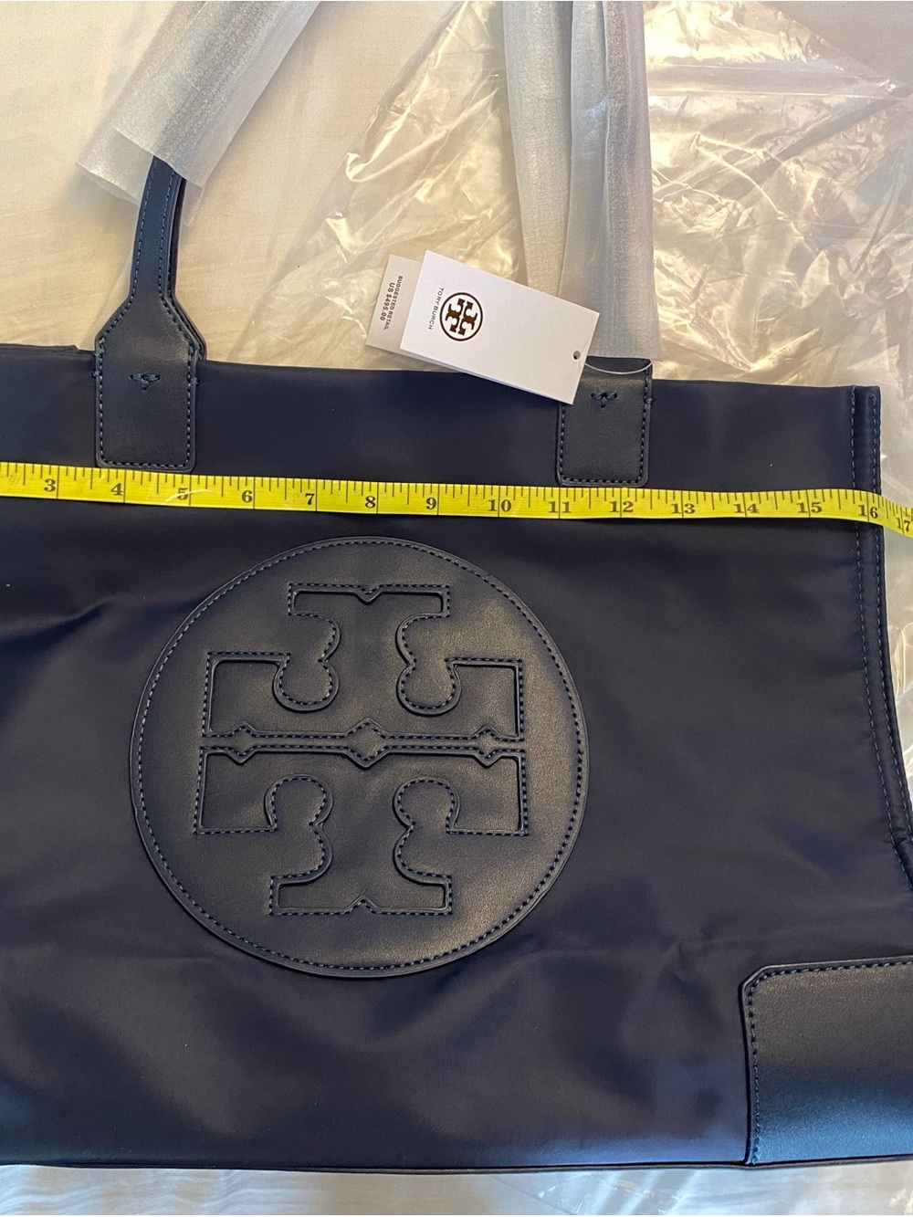 Tory Burch Navy Logo Tote with Leather Medallion - Picture 11 of 12